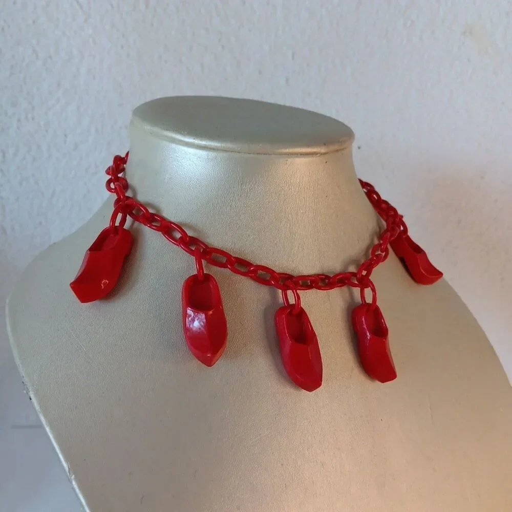 1930s-1940s Red Celluloid Clog Necklace Choker Plastic Whimsical 15in Red Shoes